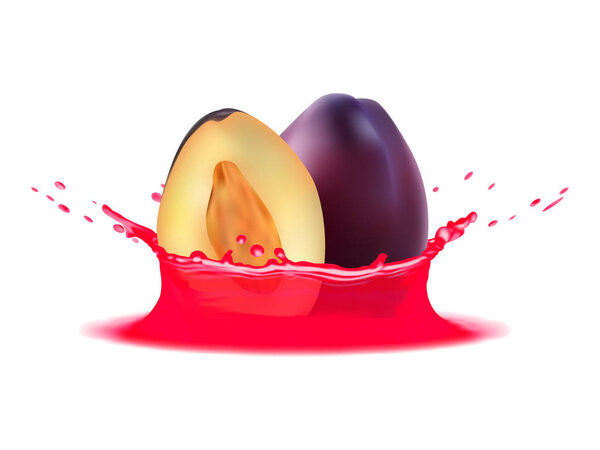 Realistic splash of juice with plum and slice. Vector icon. Template for your design