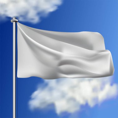 Gökyüzü arka plan üzerinde izole temiz beyaz yatay dalgalanan bayrak. Gerçekçi vektör bayrak mockup. İş için şablon.