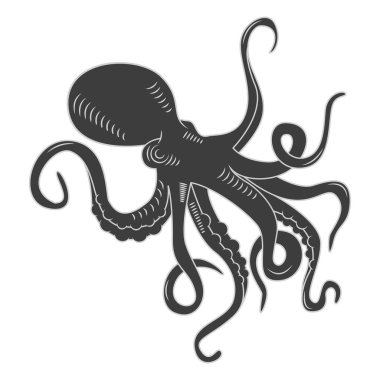 Siyah tehlike çizgi film ahtapot karakterleri. Sualtı Yüzme, beyaz arka plan üzerinde izole. Dövme ya da t-shirt, afiş logo, vektör çizim için desen