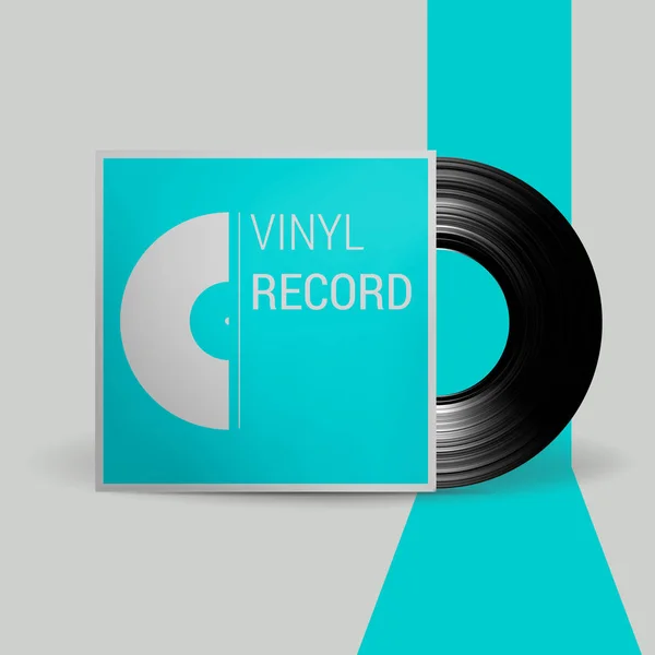 Ilustración vectorial realista de disco de vinilo negro en caja de papel con cubierta burlona sobre fondo gris Diseño retro — Vector de stock