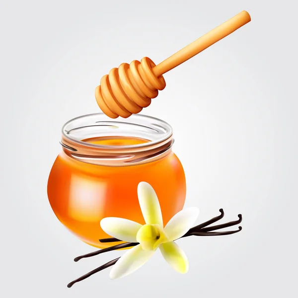 Tarro de miel realista con cazo de miel y vainilla. Icono del vector . — Vector de stock