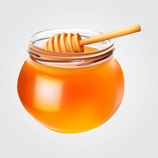 Tarro de miel realista con cazo de miel. Icono del vector . — Vector de stock
