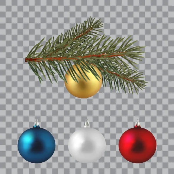 Branche verte d'épinette luxuriante. Des branches de sapin. Avec des boules de Noël . — Image vectorielle