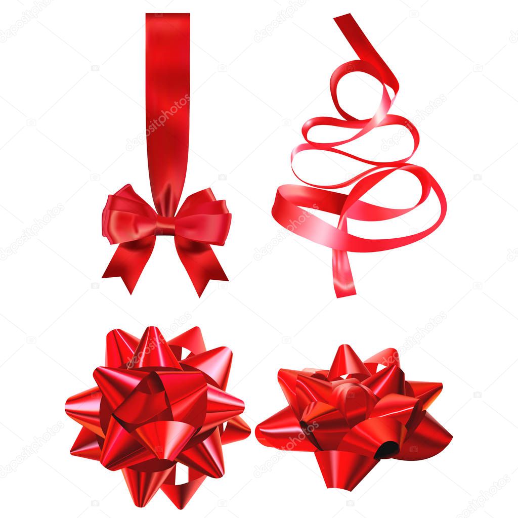 Gift bow realistic vector illustration on transparency grid. Red ribbon present box decoration. Christmas design