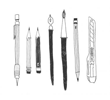 Elle çizilmiş kırtasiye seti.