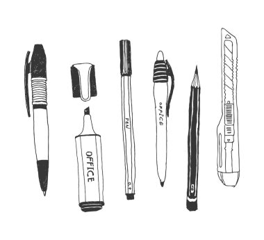 Elle çizilmiş kırtasiye seti.