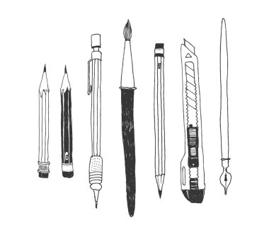 Elle çizilmiş kırtasiye seti.