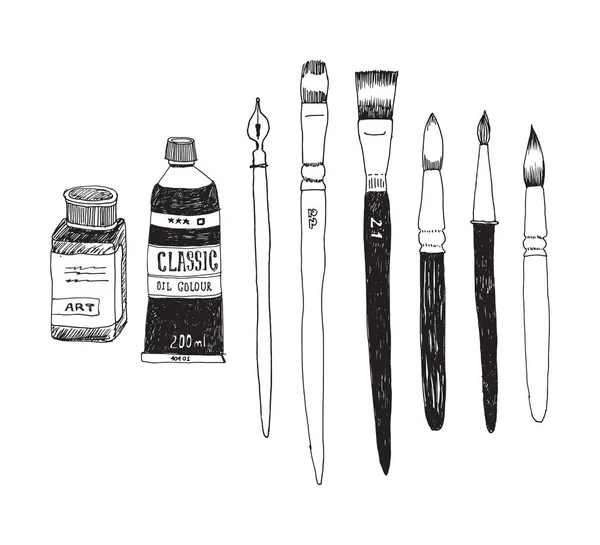 Ensemble d'outils et de fournitures d'art dessinés à la main — Image vectorielle