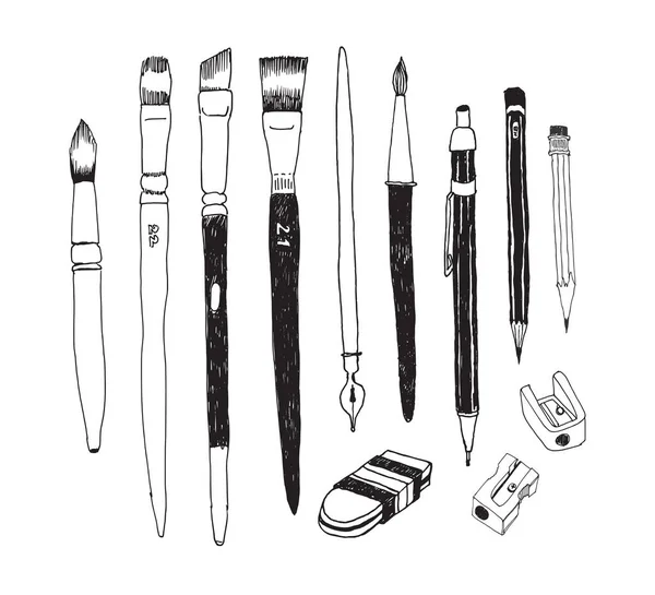 Conjunto de ferramentas e suprimentos de arte desenhada à mão — Vetor de Stock