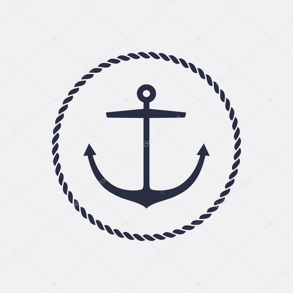 Anchor emblem with circular rope frame . Yacht style design. Nautical sign, symbol. Universal icon. Simple logotype template. Vector illustration.