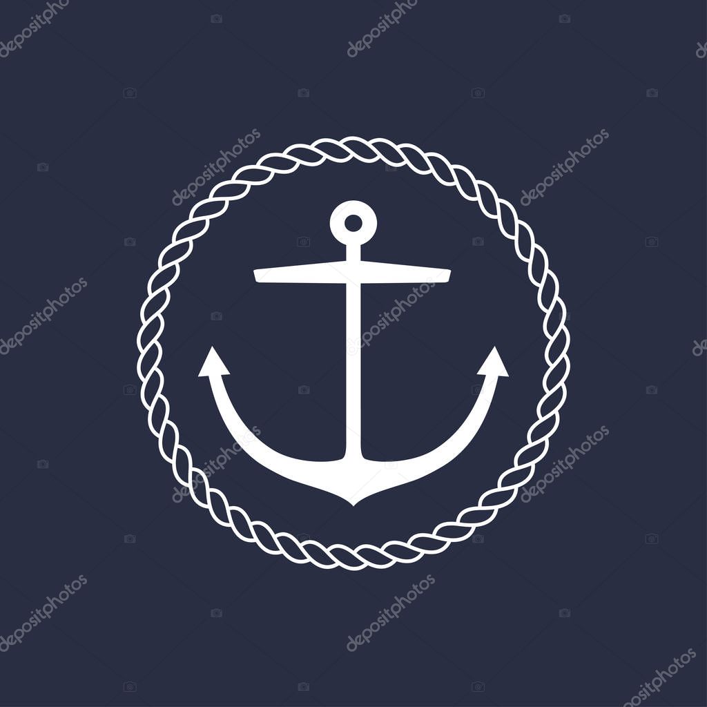 Anchor emblem with circular rope frame . Yacht style design. Nautical sign, symbol. Universal icon. Simple logotype template. Vector illustration.