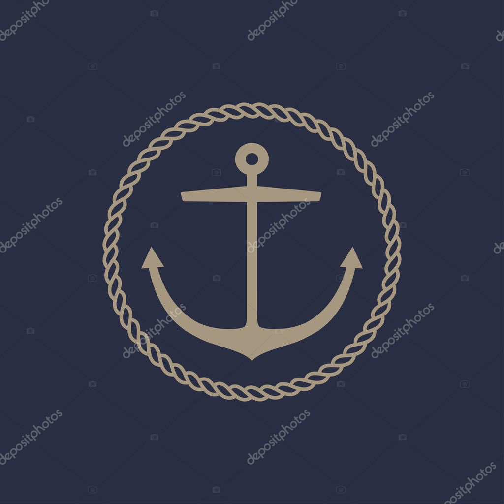 Anchor emblem with circular rope frame . Yacht style design. Nautical sign, symbol. Universal icon. Simple logotype template. Vector illustration.