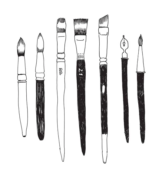 Conjunto de herramientas y suministros de arte dibujado a mano — Vector de stock
