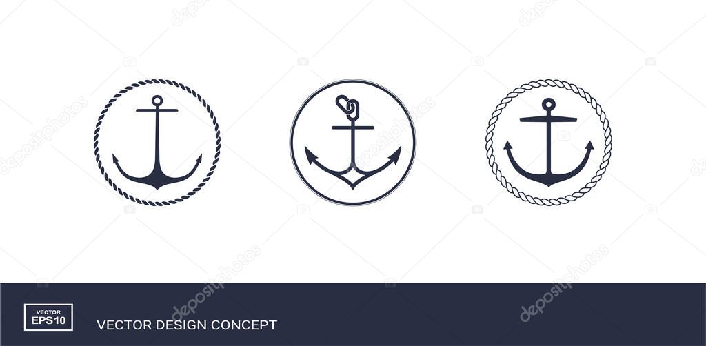 Set of anchor emblems with circular rope frame. Modern minimal flat design style. Simple logotype templates. Vector illustration.