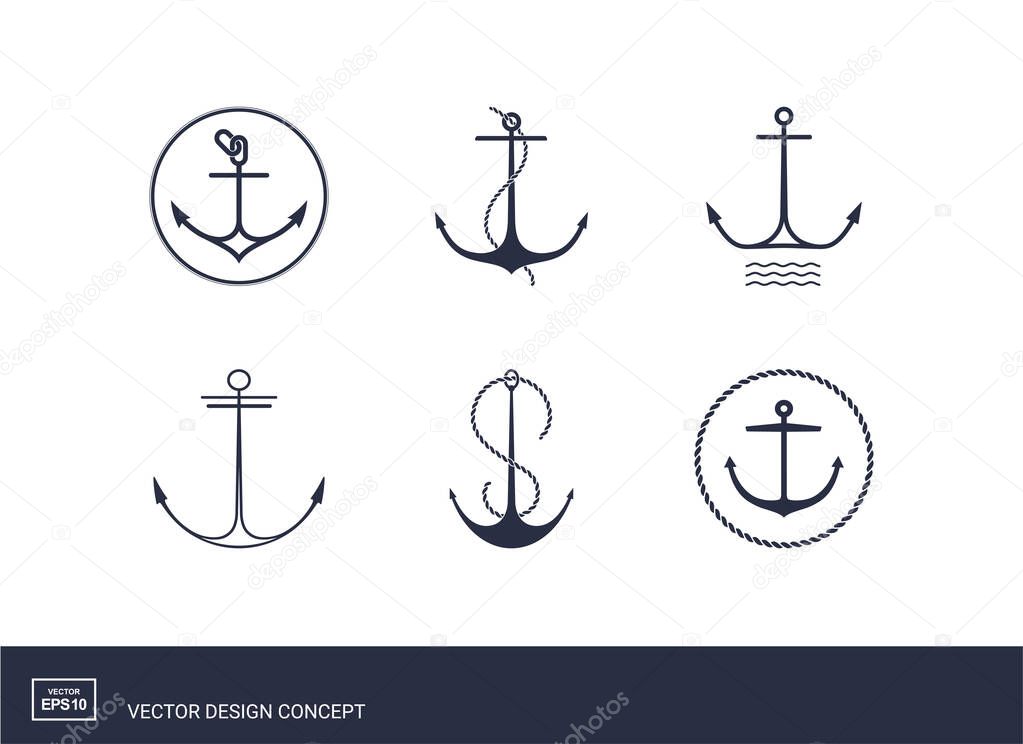 Set of anchor emblems. Modern minimal flat design style. Simple logotype template. Vector illustration.