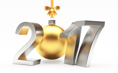 Gümüş 2017 yeni yıl ve şerit ve beyaz yay ile altın Noel top 