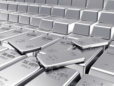 İngotlar ve düz gümüş çubuklar, satırlar. İş ve finansal arka plan. 