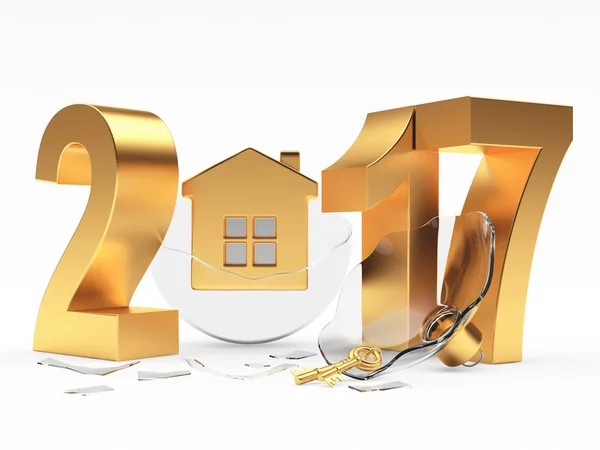 Altın 2017 yeni yıl ve kırık cam Noel top ev — Stok fotoğraf