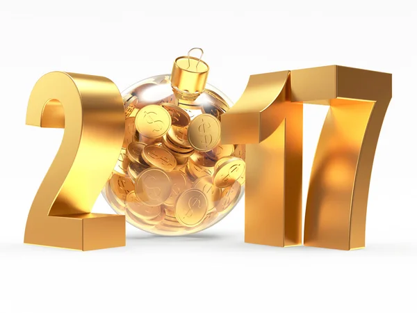 2017 Nouvel An avec boule de Noël transparente pleine de pièces d'or — Photo
