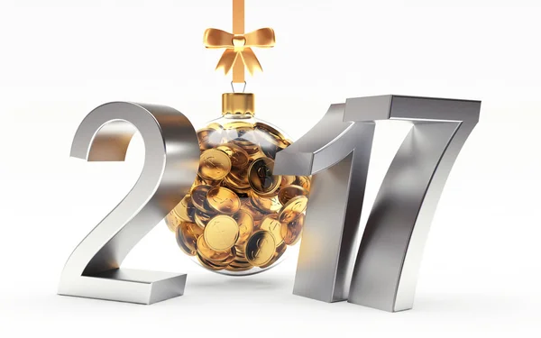 Silver 2017 New Year with transparent Christmas ball full of golden coins on white — Stock Photo, Image