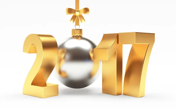 Altın 2017 yeni yıl ve gümüş Noel top şerit ve beyaz yay — Stok fotoğraf