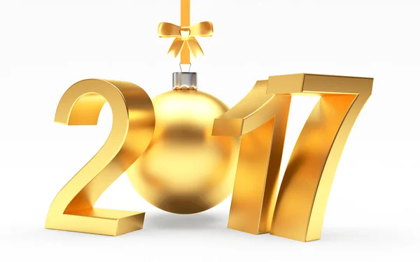 Şerit ve beyaz yay ile altın 2017 yeni yıl ve Noel top — Stok fotoğraf