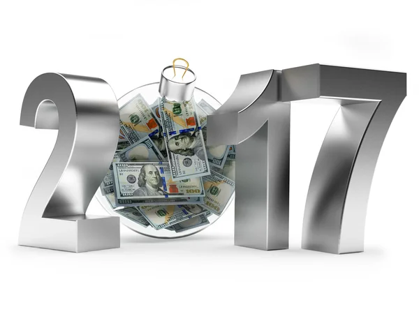 2017 Новий рік зі скляним різдвяним м'ячем, повним доларових купюр — стокове фото