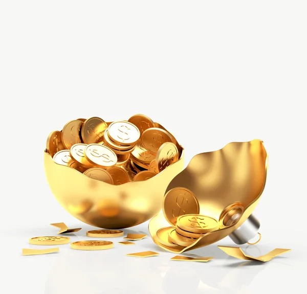 Сломанный золотой рождественский шар, полный монет на белом — стоковое фото