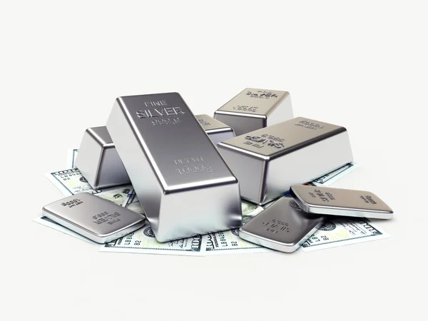 Money and silver bars isolated on white — ストック写真