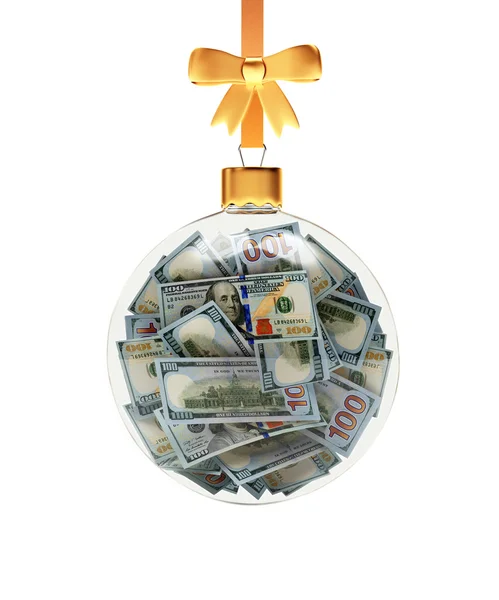 Boule de Noël en verre pleine de billets de dollar suspendus sur un ruban d'or sur blanc Image En Vente