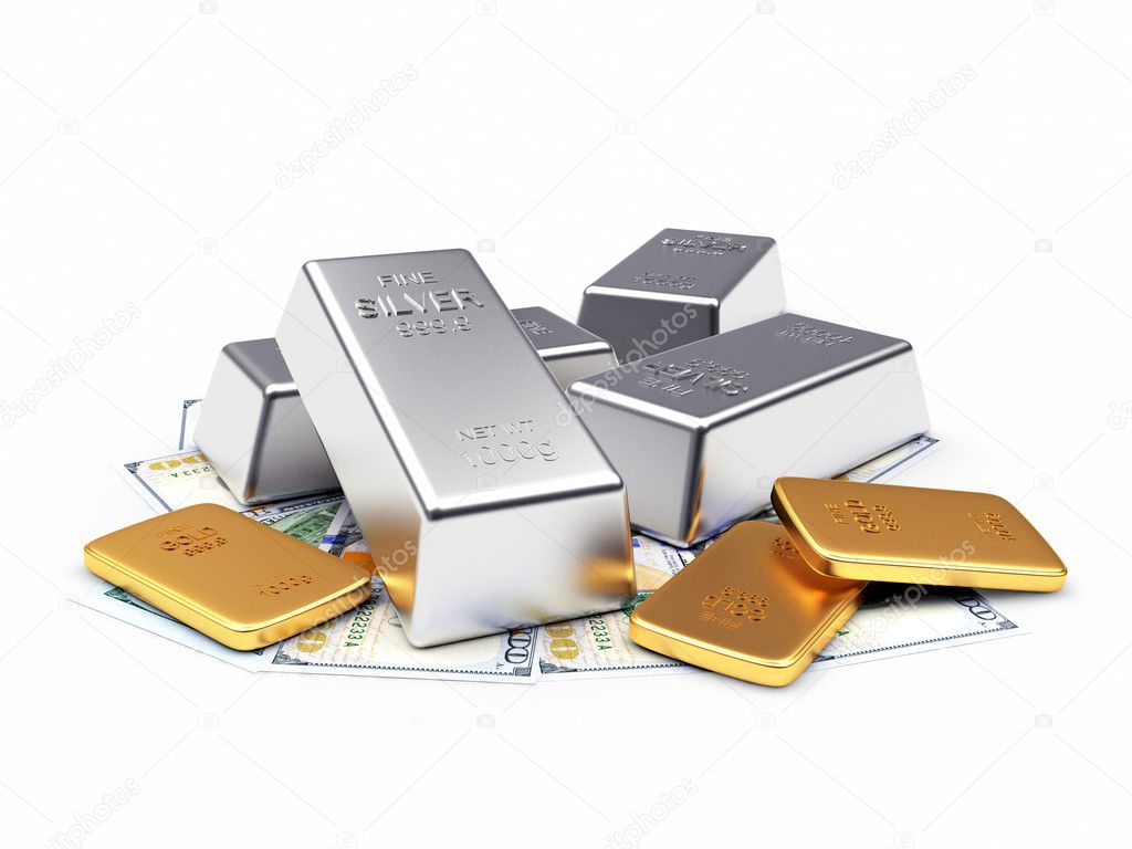 Heap of silver and golden bars on dollar bills on white 
