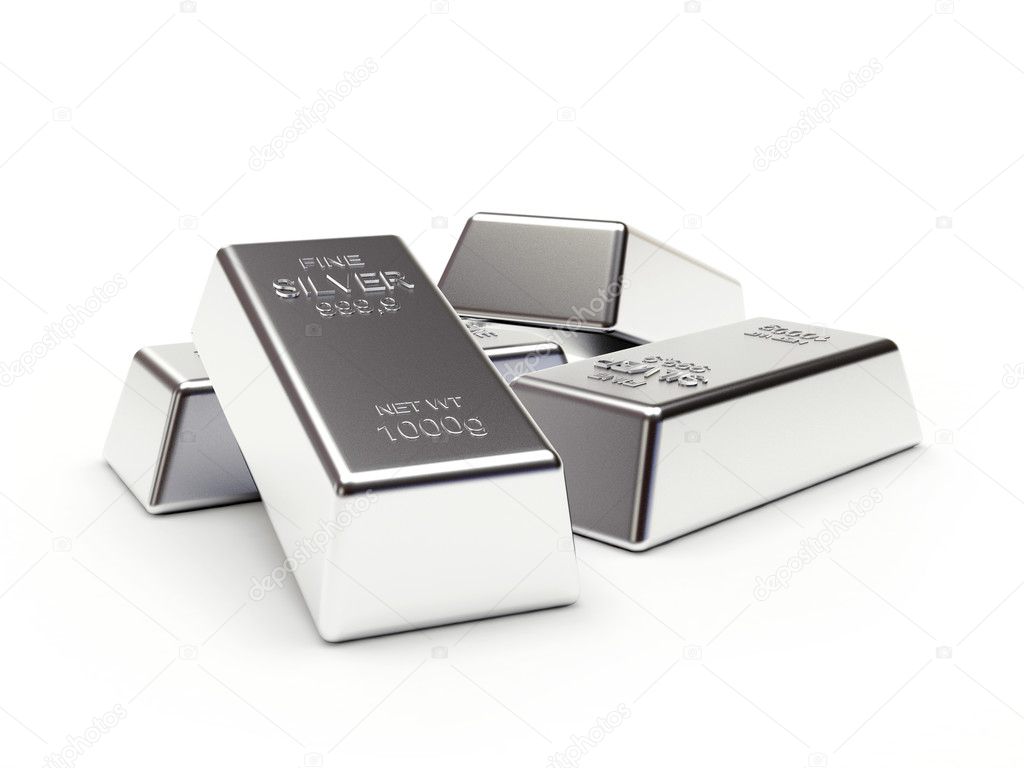 Banking concept. Heap of silver bars on white 