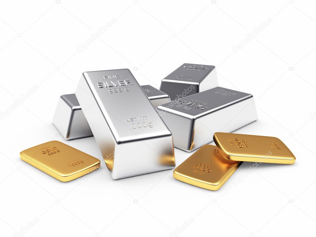 Banking concept. Heap of silver and golden bars on white 