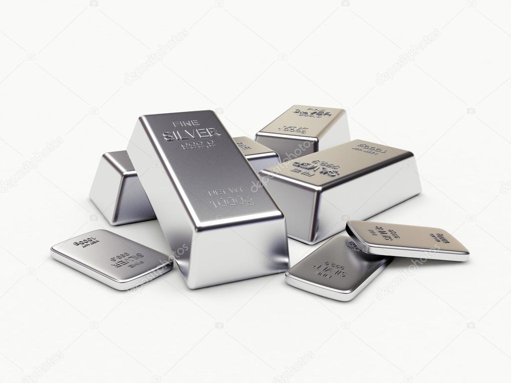 Banking concept. Heap of silver bars on white