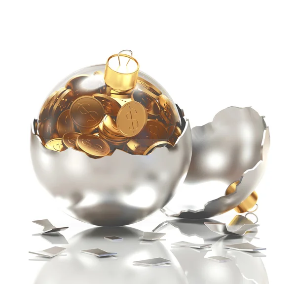 Bola de Natal de vidro com moedas em prata quebrado decoração de Natal no branco — Fotografia de Stock