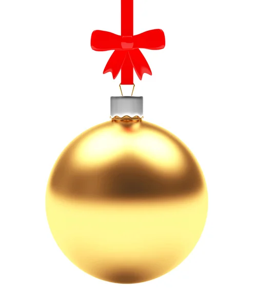Addobbi natalizi. Pallone di Natale dorato con fiocco rosso su bianco — Foto Stock