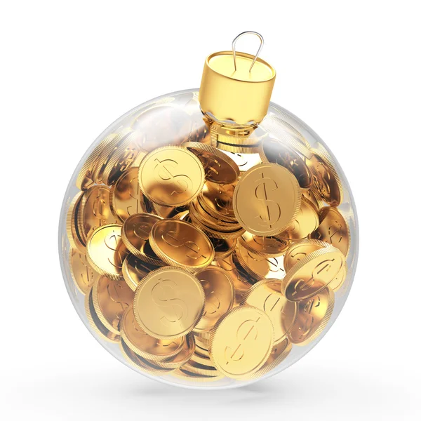 Glass transparent Christmas ball full of golden coins on white — Stock Photo, Image