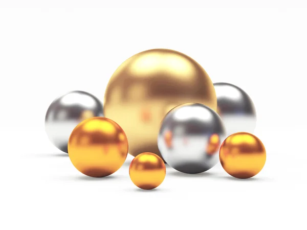 Group of shining golden,silver and bronze or cooper spheres of different diameters — Stock Photo, Image