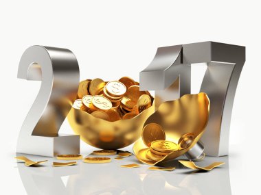 Gümüş 2017 yeni yıl ve madeni paralar ile altın kırık Noel top. 