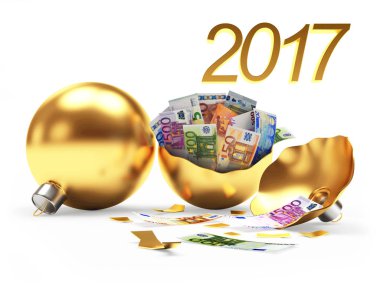 İçinde euro faturalarında beyaz ile bütünleşmiş ve kırık altın Noel topları 