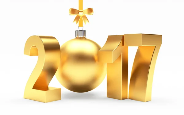 Şerit ve yay ile altın 2017 yeni yıl ve Noel top — Stok fotoğraf