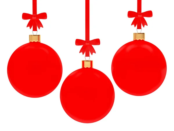 Set of red Christmas balls with ribbons and bows on white — Stock Photo, Image