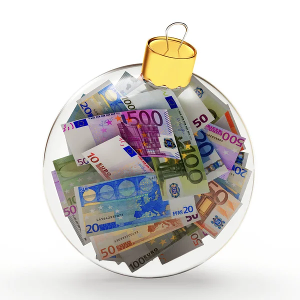 Bola de Navidad de cristal llena de billete de euro en blanco —  Fotos de Stock