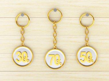 Farklı yüzdeleri indirim ile altın Anahtarlık set ahşap dayanıyor 