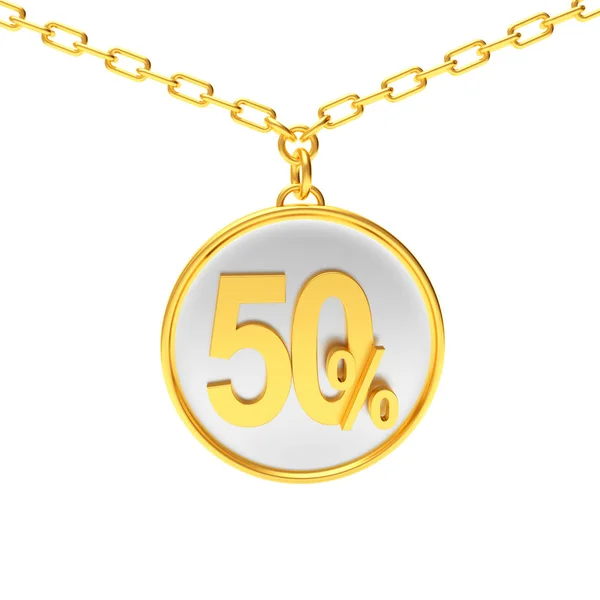 Discount concept. Golden round medallion on a chain with 50 percent