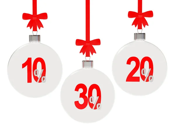 Concetto sconto. Set di palline di Natale in vetro rosso 10,20,30 per cento all'interno — Foto Stock