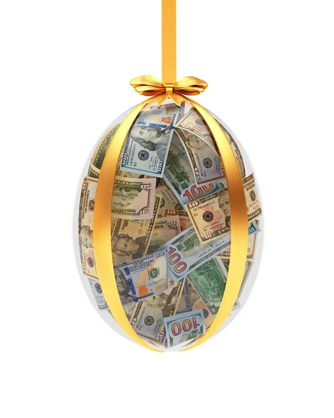 Uovo di Pasqua di vetro pieno di banconote da un dollaro appese su un nastro d'oro — Foto Stock