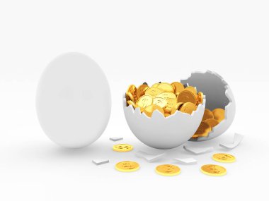 White egg and broken egg shell with golden coins