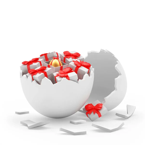Broken white egg shall and gift boxes with golden Easter egg inside — Stock Photo, Image