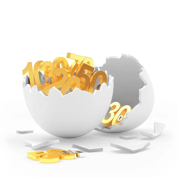 White broken egg shell full of golden different percentage discounts inside — 스톡 사진